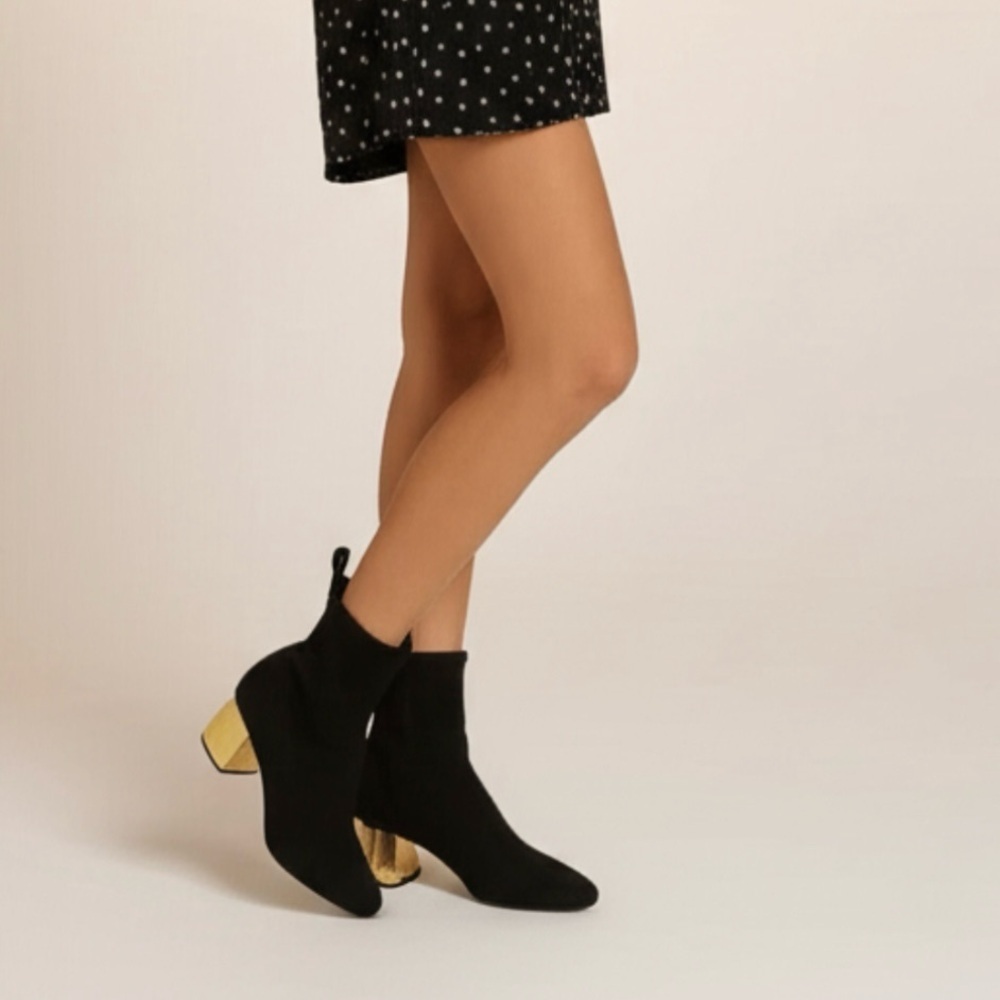 Michael Kors Black Suede Stretch Sock Ankle Booties w/ Gold Block Heel – Size 7 - Picture 2 of 7